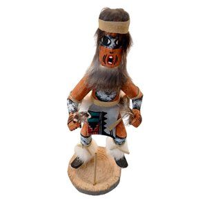 1990's Hopi Wolf Kachina Doll Handmade Wood 10" Signed Detail Native Am Vintage